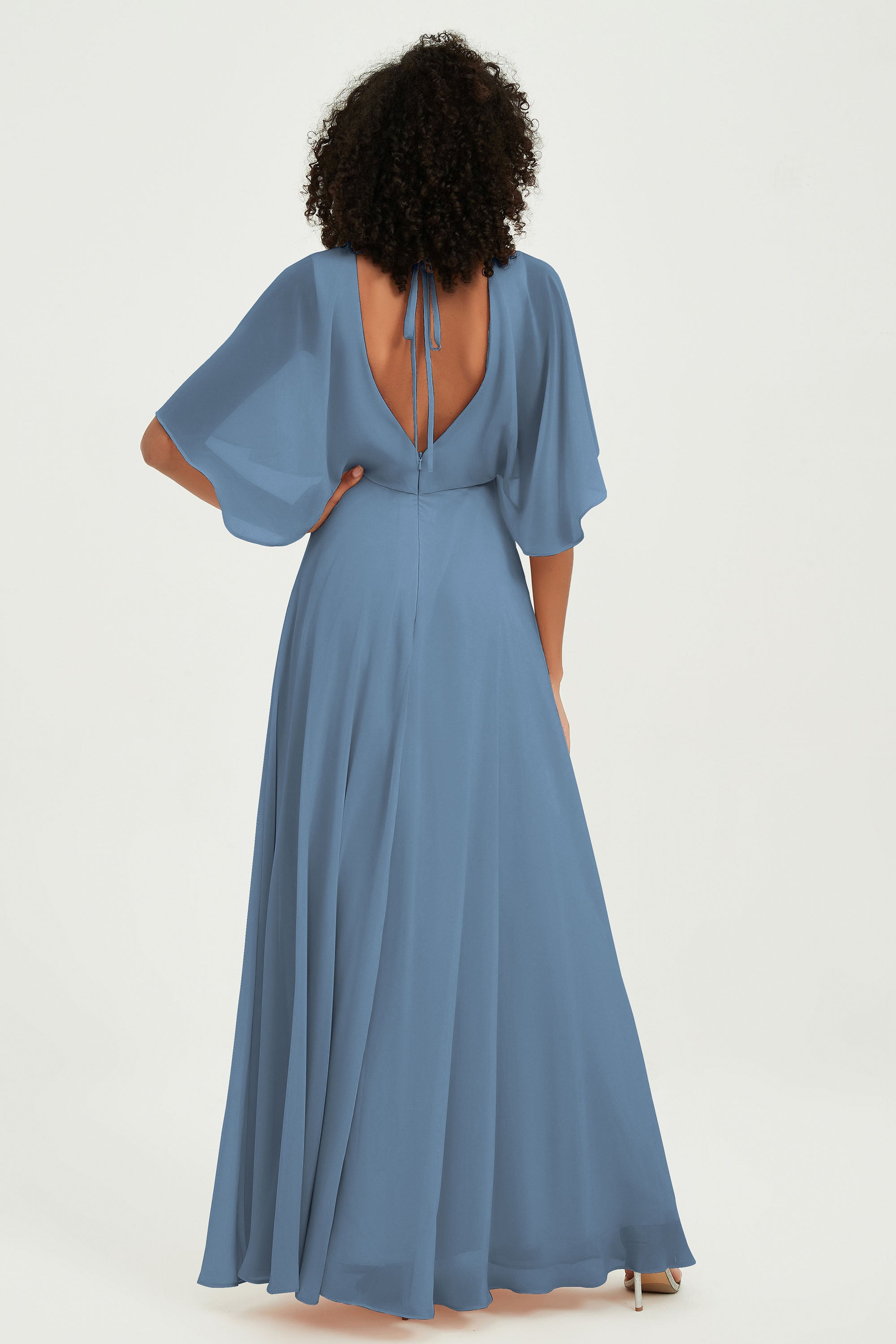 Flutter Sleeves Jewel Chiffon Bridesmaid Dress Floor Length Formal Evening Dresses Gowns