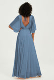 Flutter Sleeves Jewel Chiffon Bridesmaid Dress Floor Length Formal Evening Dresses Gowns