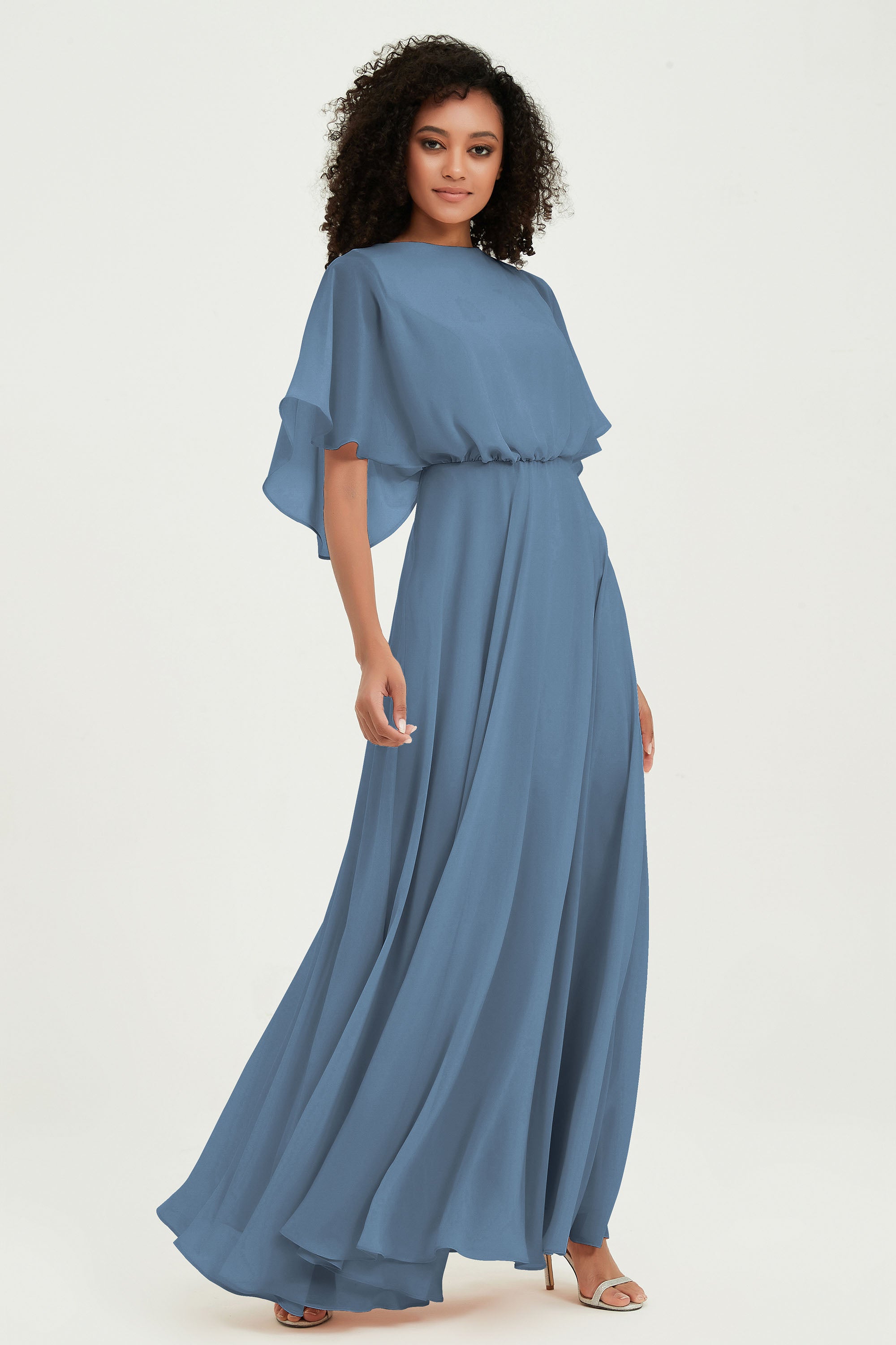 Flutter Sleeves Jewel Chiffon Bridesmaid Dress Floor Length Formal Evening Dresses Gowns