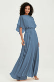 Flutter Sleeves Jewel Chiffon Bridesmaid Dress Floor Length Formal Evening Dresses Gowns