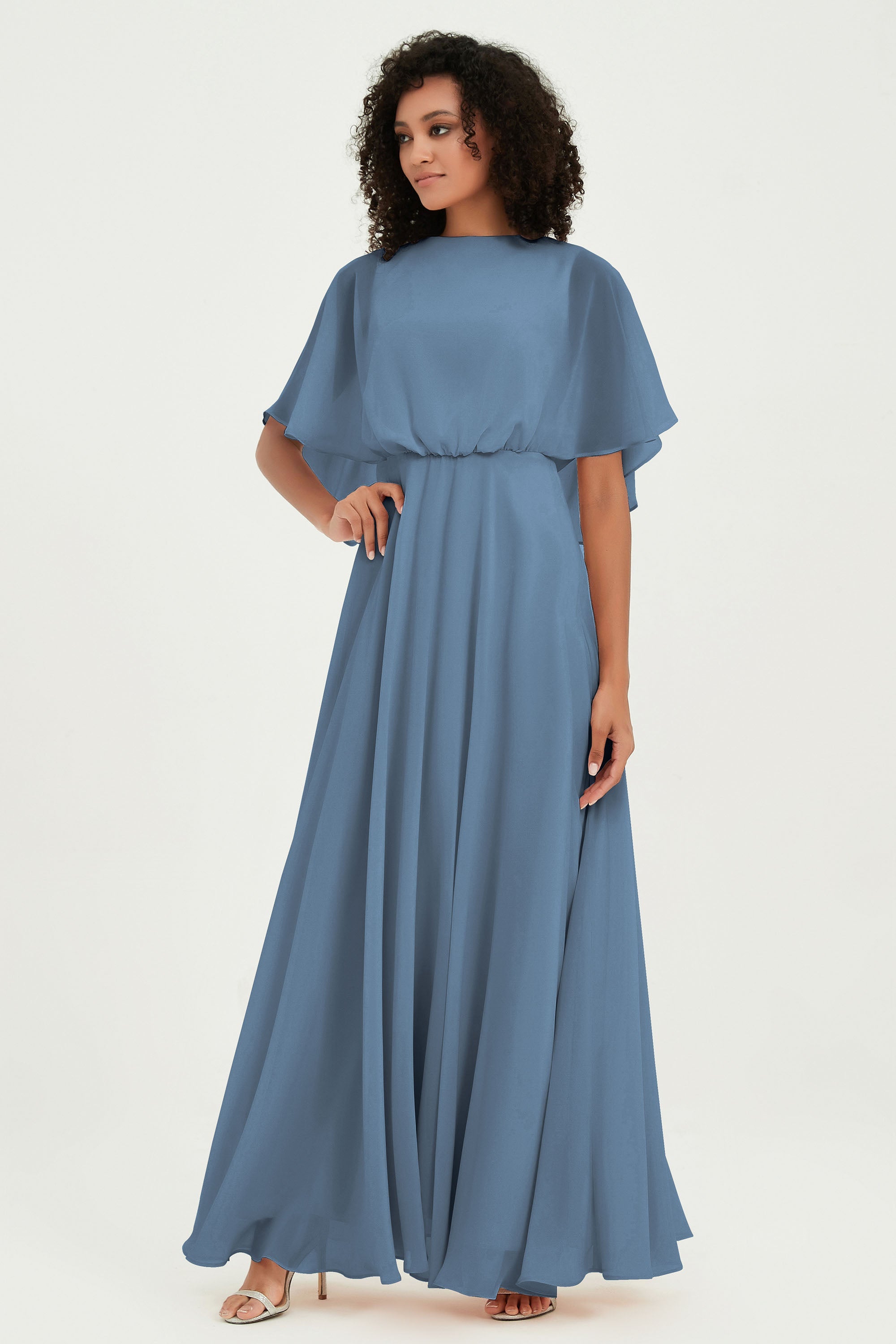 Flutter Sleeves Jewel Chiffon Bridesmaid Dress Floor Length Formal Evening Dresses Gowns