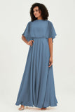 Flutter Sleeves Jewel Chiffon Bridesmaid Dress Floor Length Formal Evening Dresses Gowns