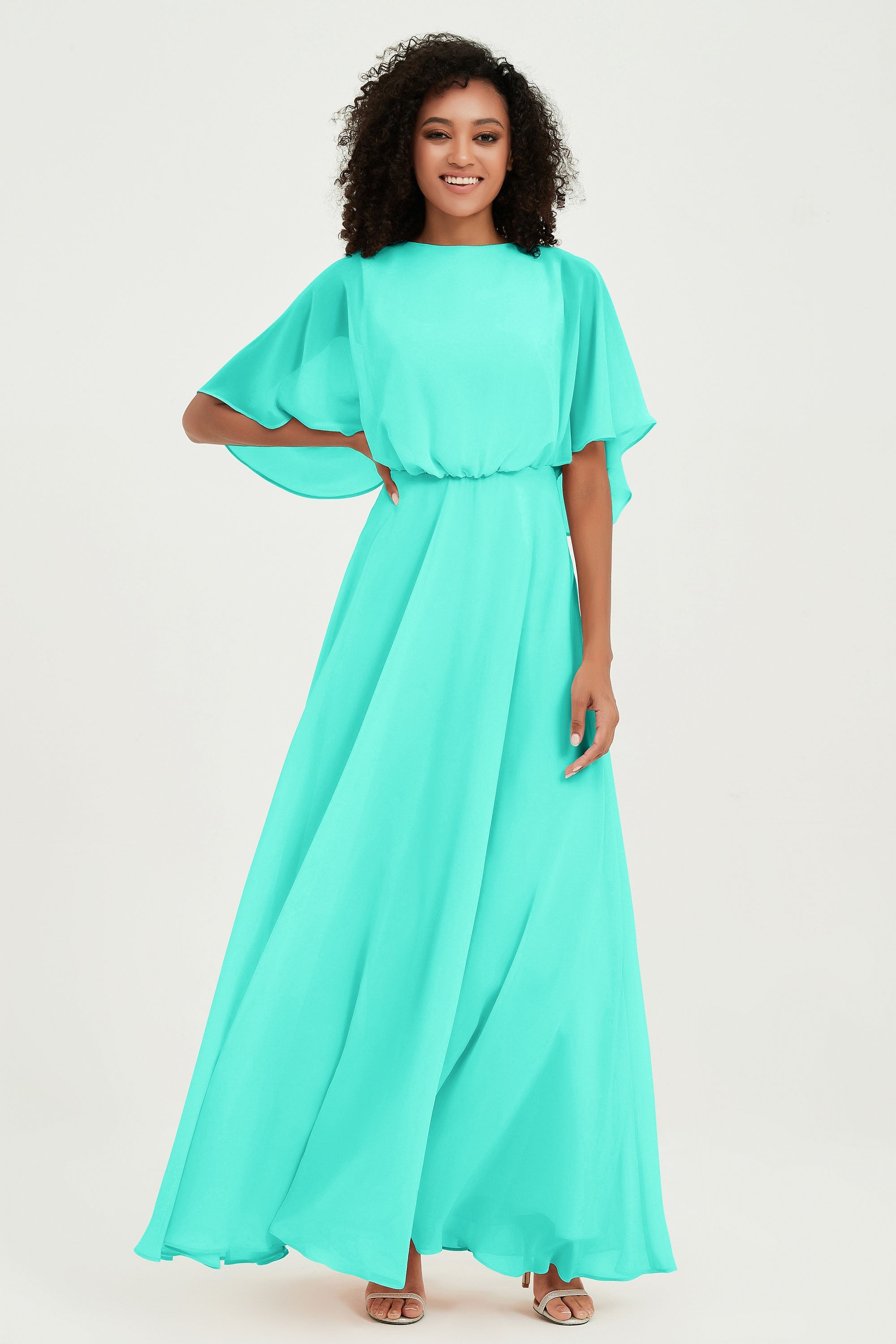 Flutter Sleeves Jewel Chiffon Bridesmaid Dress Floor Length Formal Evening Dresses Gowns