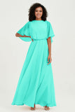 Flutter Sleeves Jewel Chiffon Bridesmaid Dress Floor Length Formal Evening Dresses Gowns
