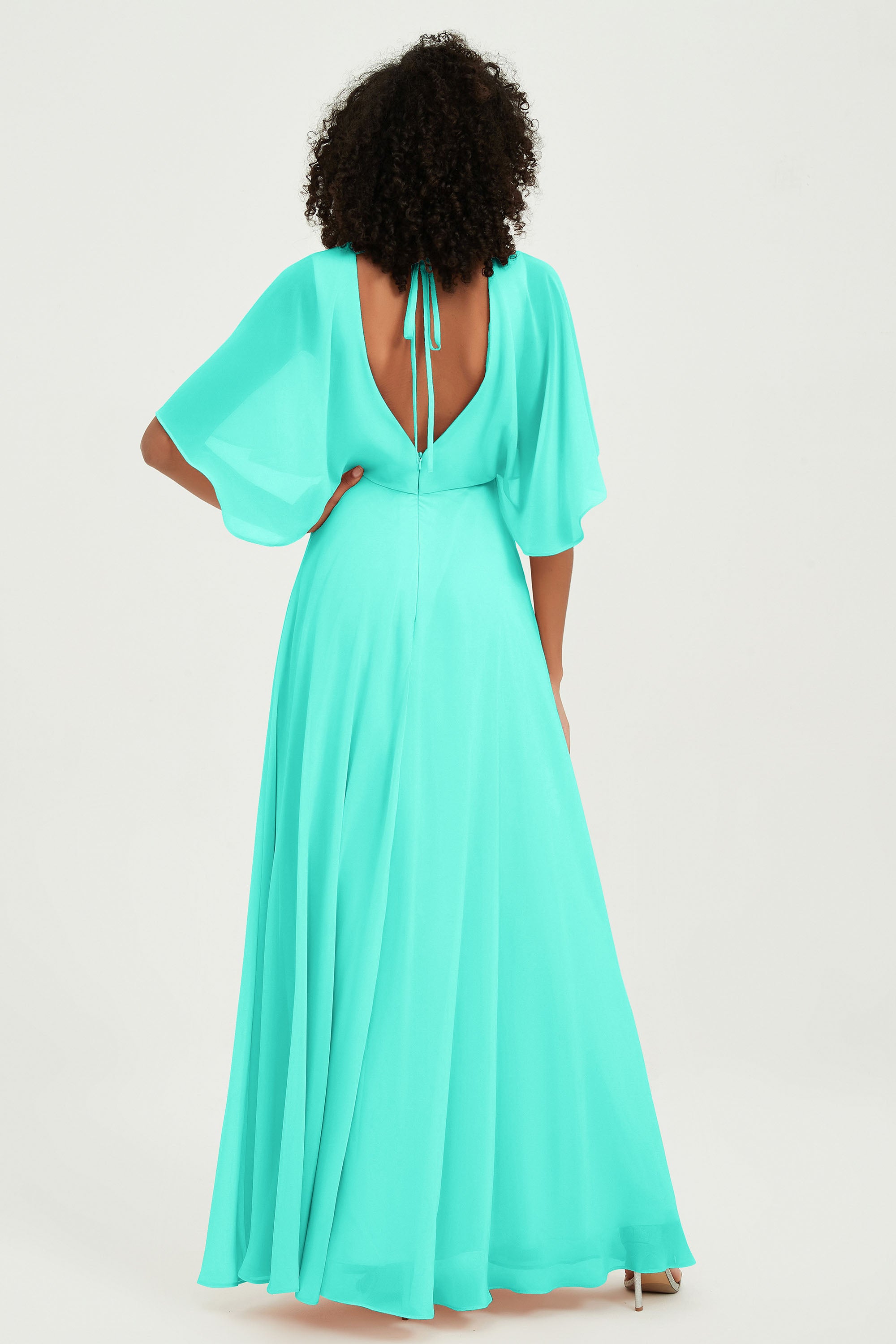 Flutter Sleeves Jewel Chiffon Bridesmaid Dress Floor Length Formal Evening Dresses Gowns
