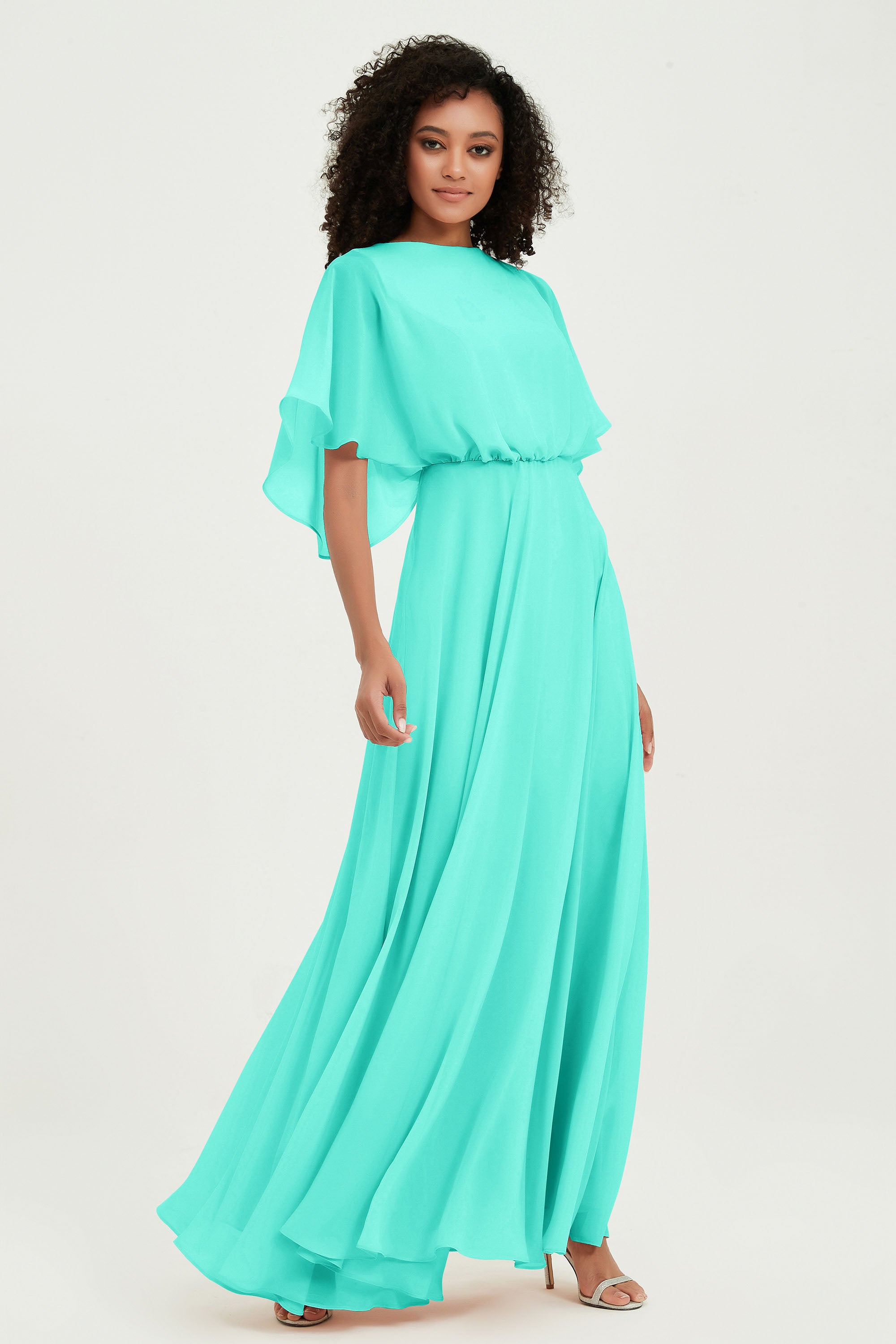 Flutter Sleeves Jewel Chiffon Bridesmaid Dress Floor Length Formal Evening Dresses Gowns