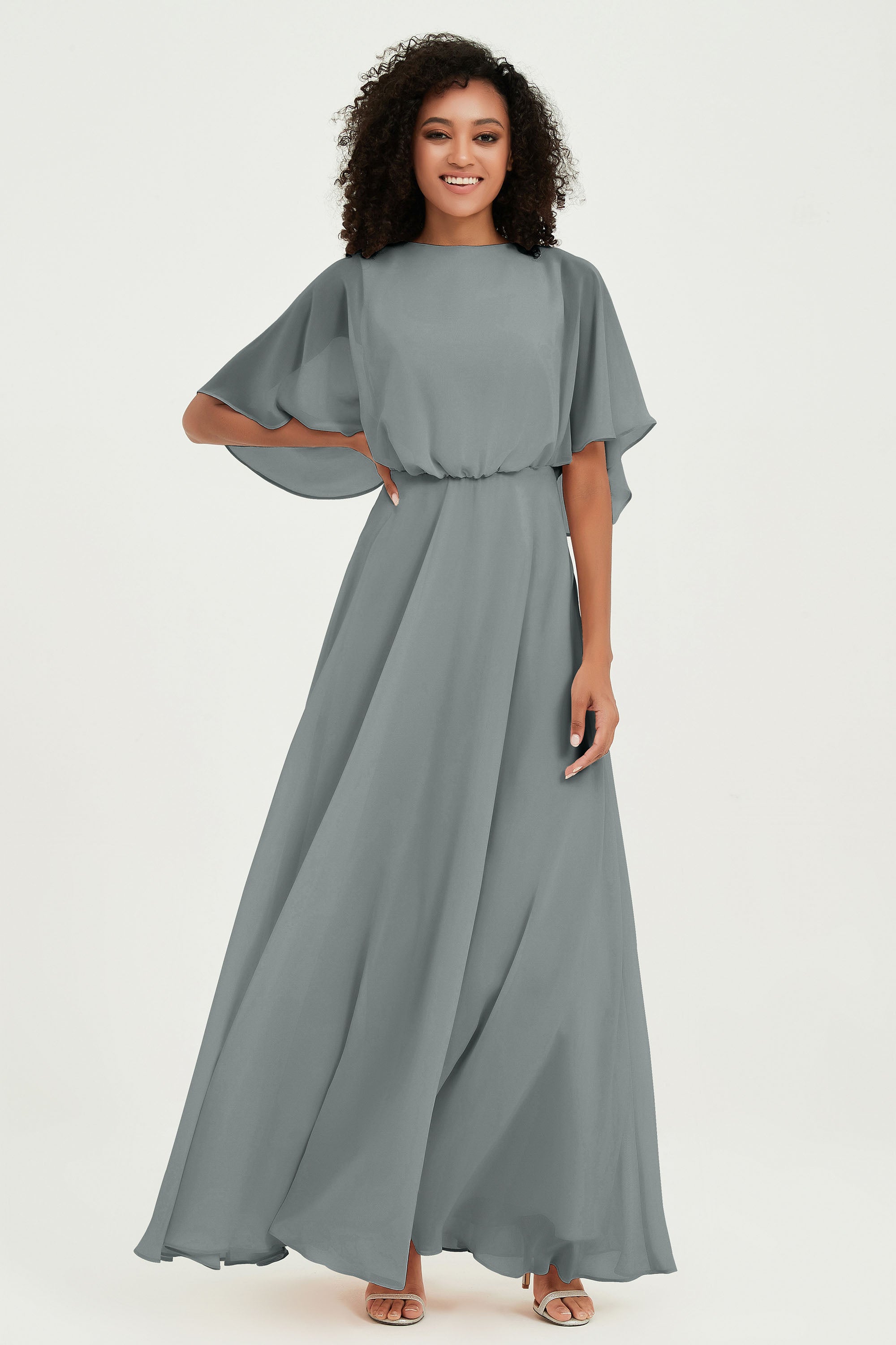 Flutter Sleeves Jewel Chiffon Bridesmaid Dress Floor Length Formal Evening Dresses Gowns