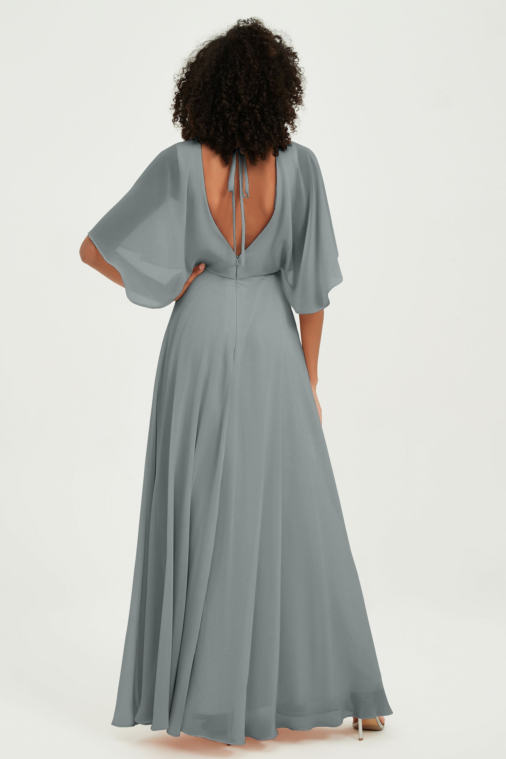 Flutter Sleeves Jewel Chiffon Bridesmaid Dress Floor Length Formal Evening Dresses Gowns