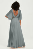 Flutter Sleeves Jewel Chiffon Bridesmaid Dress Floor Length Formal Evening Dresses Gowns