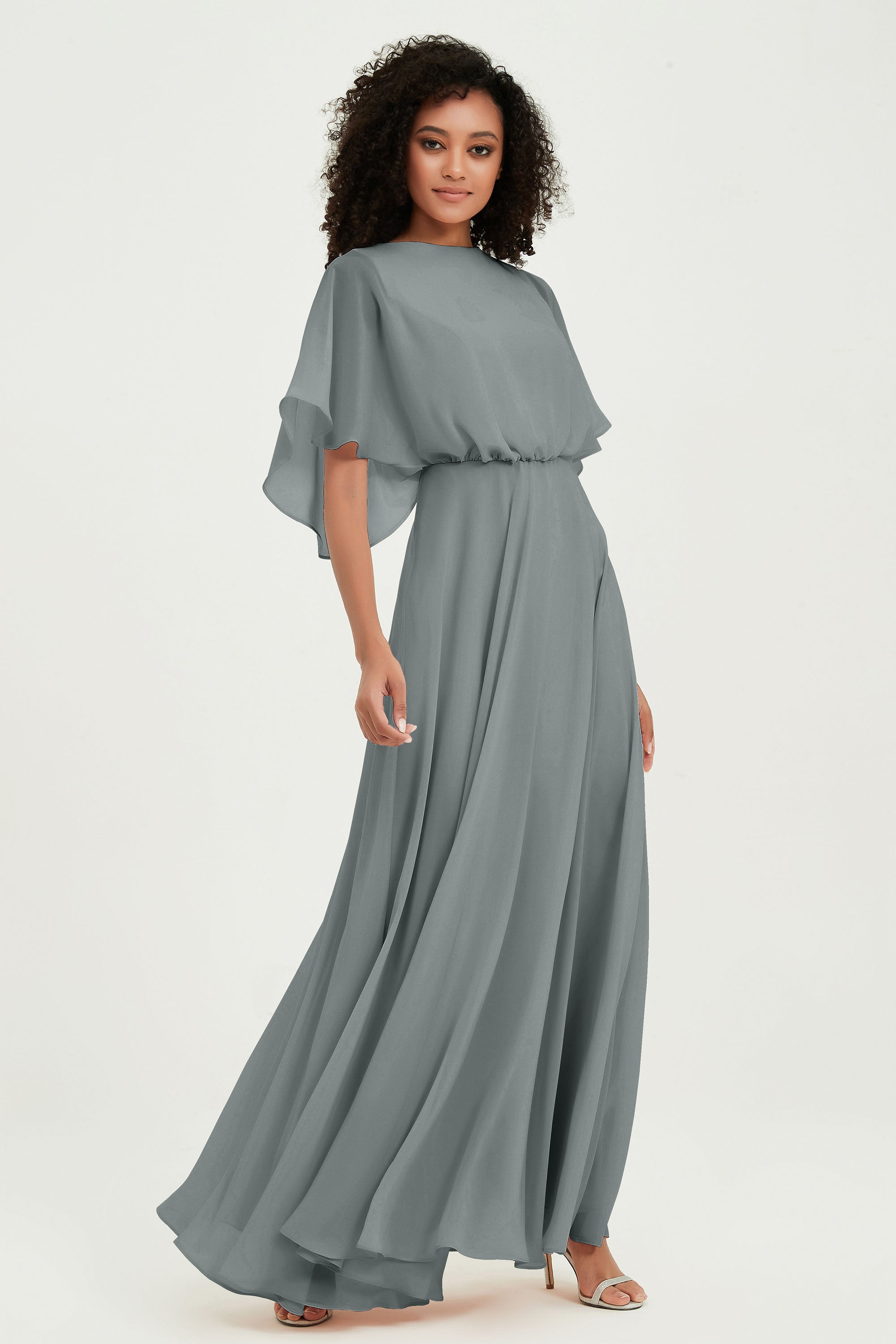 Flutter Sleeves Jewel Chiffon Bridesmaid Dress Floor Length Formal Evening Dresses Gowns