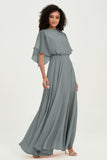 Flutter Sleeves Jewel Chiffon Bridesmaid Dress Floor Length Formal Evening Dresses Gowns