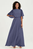 Flutter Sleeves Jewel Chiffon Bridesmaid Dress Floor Length Formal Evening Dresses Gowns