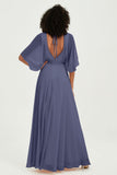 Flutter Sleeves Jewel Chiffon Bridesmaid Dress Floor Length Formal Evening Dresses Gowns
