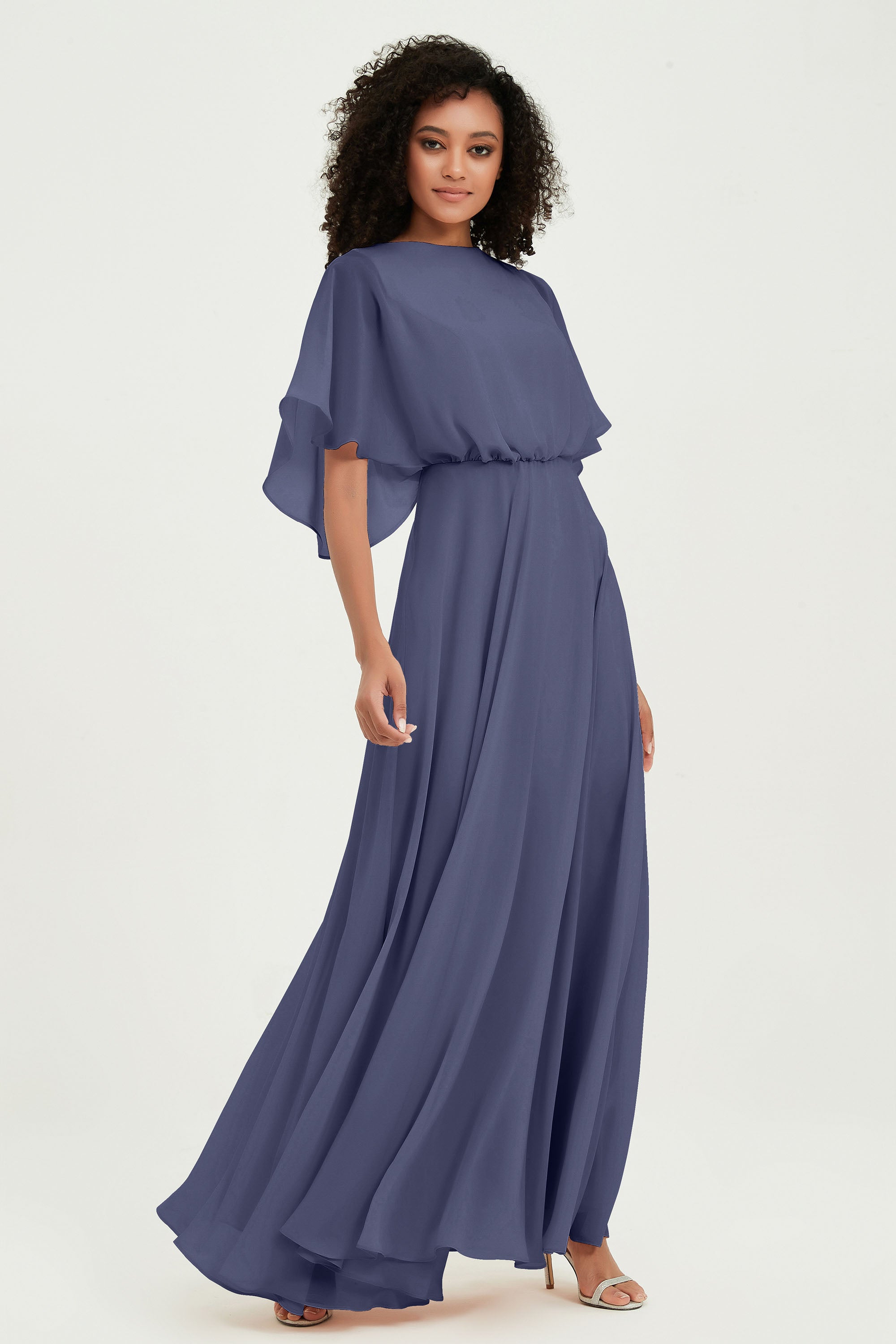 Flutter Sleeves Jewel Chiffon Bridesmaid Dress Floor Length Formal Evening Dresses Gowns