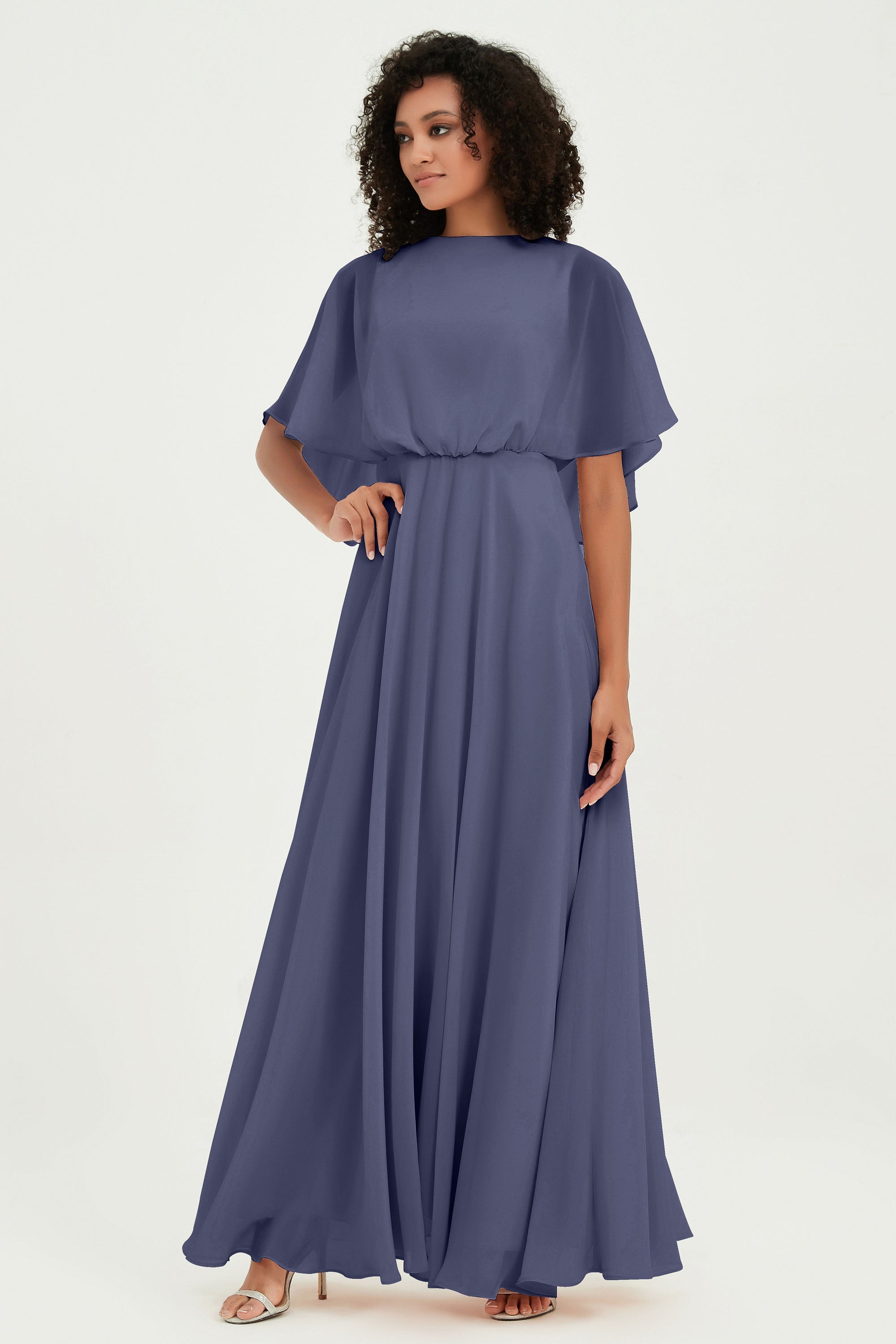 Flutter Sleeves Jewel Chiffon Bridesmaid Dress Floor Length Formal Evening Dresses Gowns