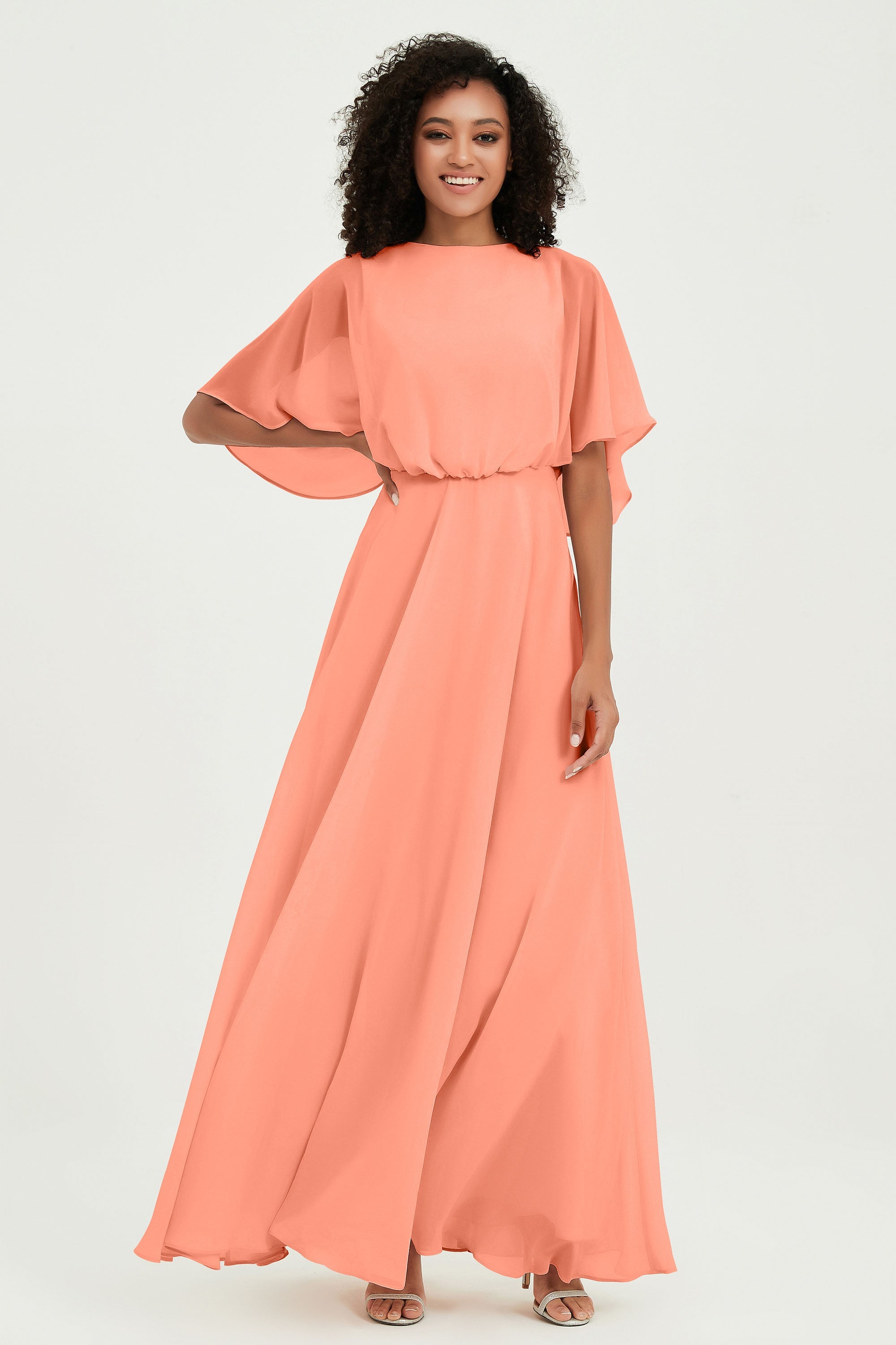 Flutter Sleeves Jewel Chiffon Bridesmaid Dress Floor Length Formal Evening Dresses Gowns