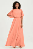Flutter Sleeves Jewel Chiffon Bridesmaid Dress Floor Length Formal Evening Dresses Gowns