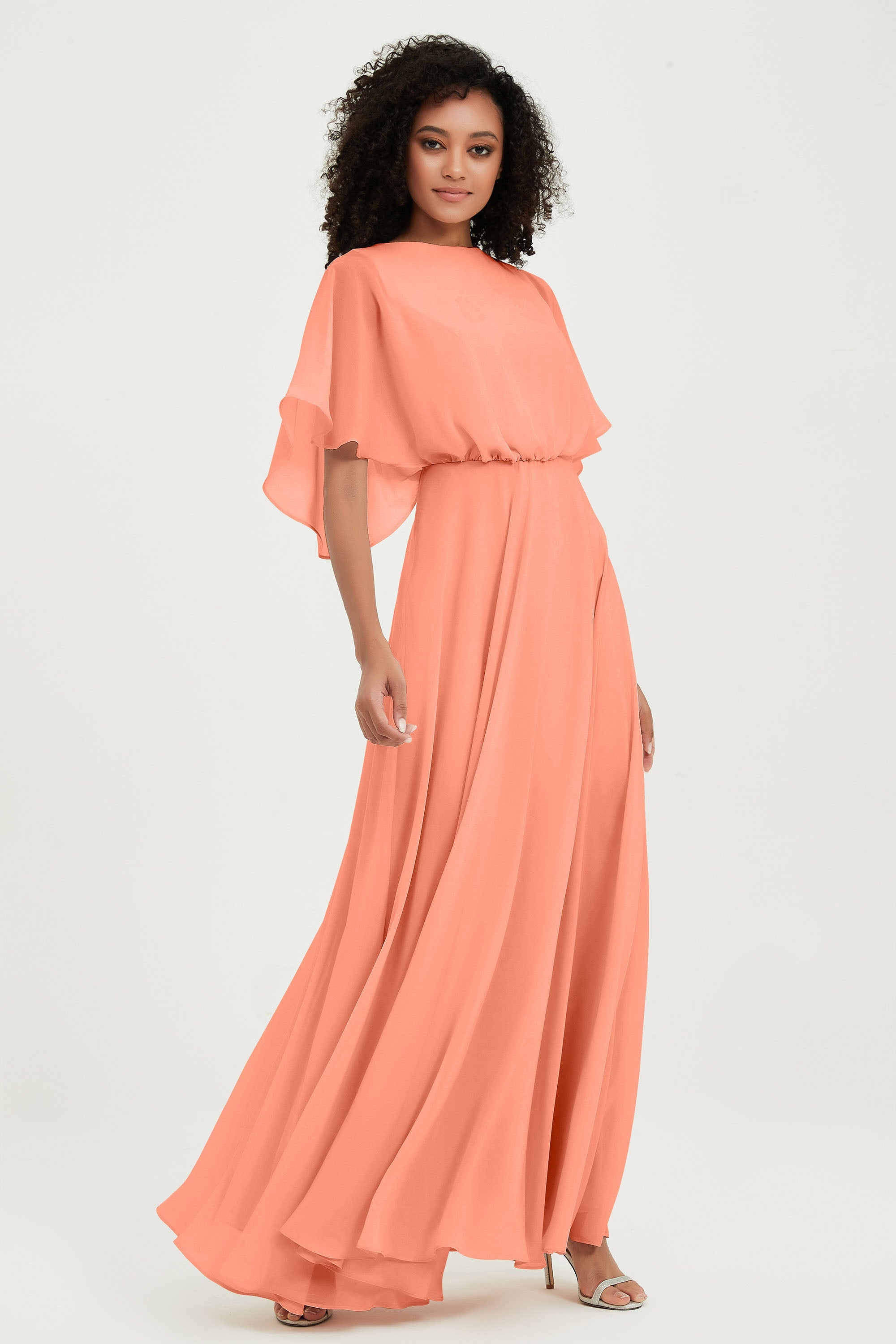 Flutter Sleeves Jewel Chiffon Bridesmaid Dress Floor Length Formal Evening Dresses Gowns
