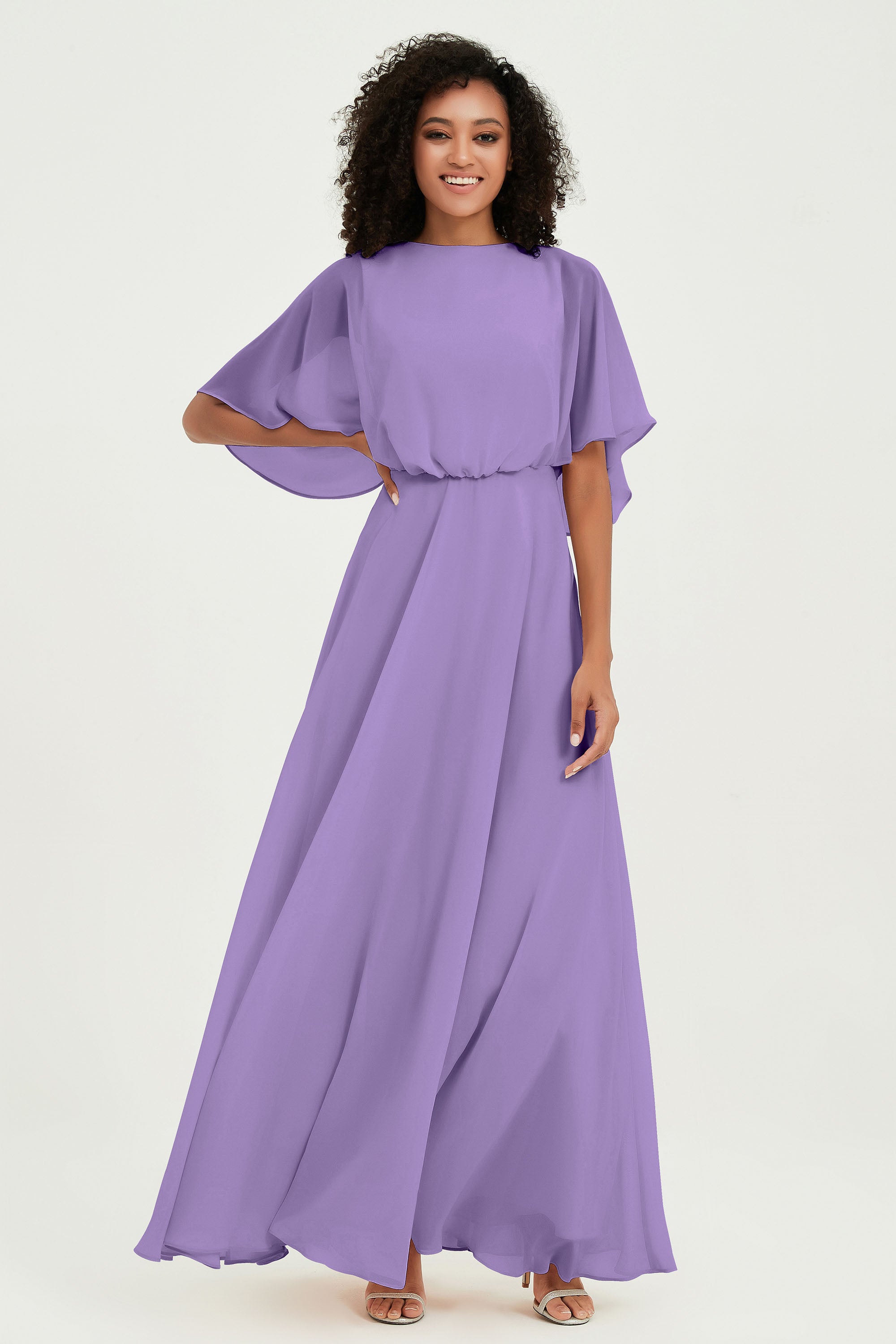 Flutter Sleeves Jewel Chiffon Bridesmaid Dress Floor Length Formal Evening Dresses Gowns