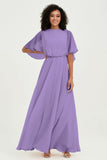 Flutter Sleeves Jewel Chiffon Bridesmaid Dress Floor Length Formal Evening Dresses Gowns