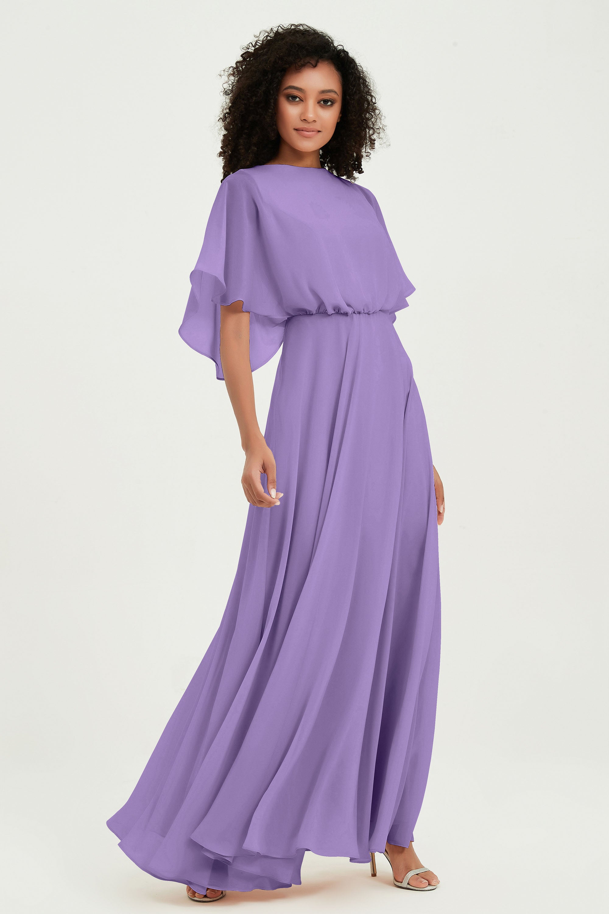 Flutter Sleeves Jewel Chiffon Bridesmaid Dress Floor Length Formal Evening Dresses Gowns