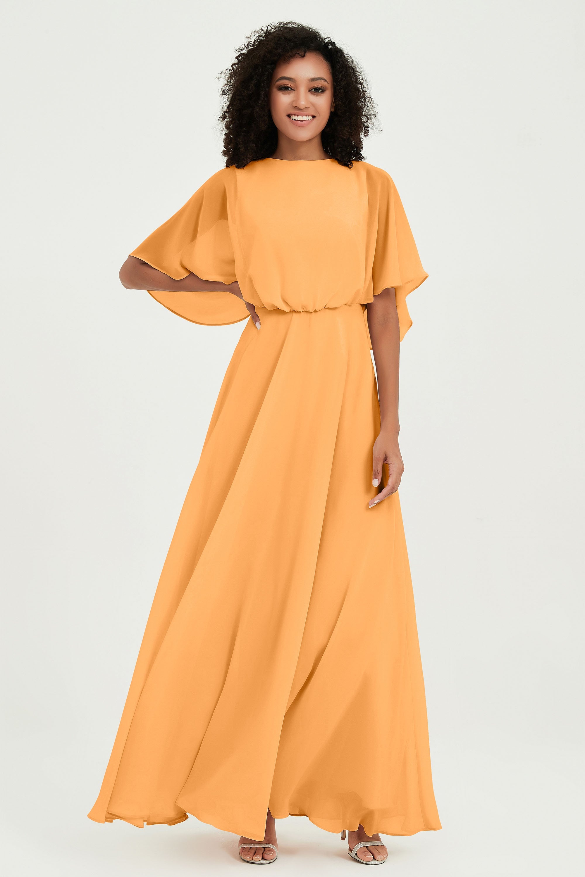 Flutter Sleeves Jewel Chiffon Bridesmaid Dress Floor Length Formal Evening Dresses Gowns