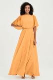Flutter Sleeves Jewel Chiffon Bridesmaid Dress Floor Length Formal Evening Dresses Gowns