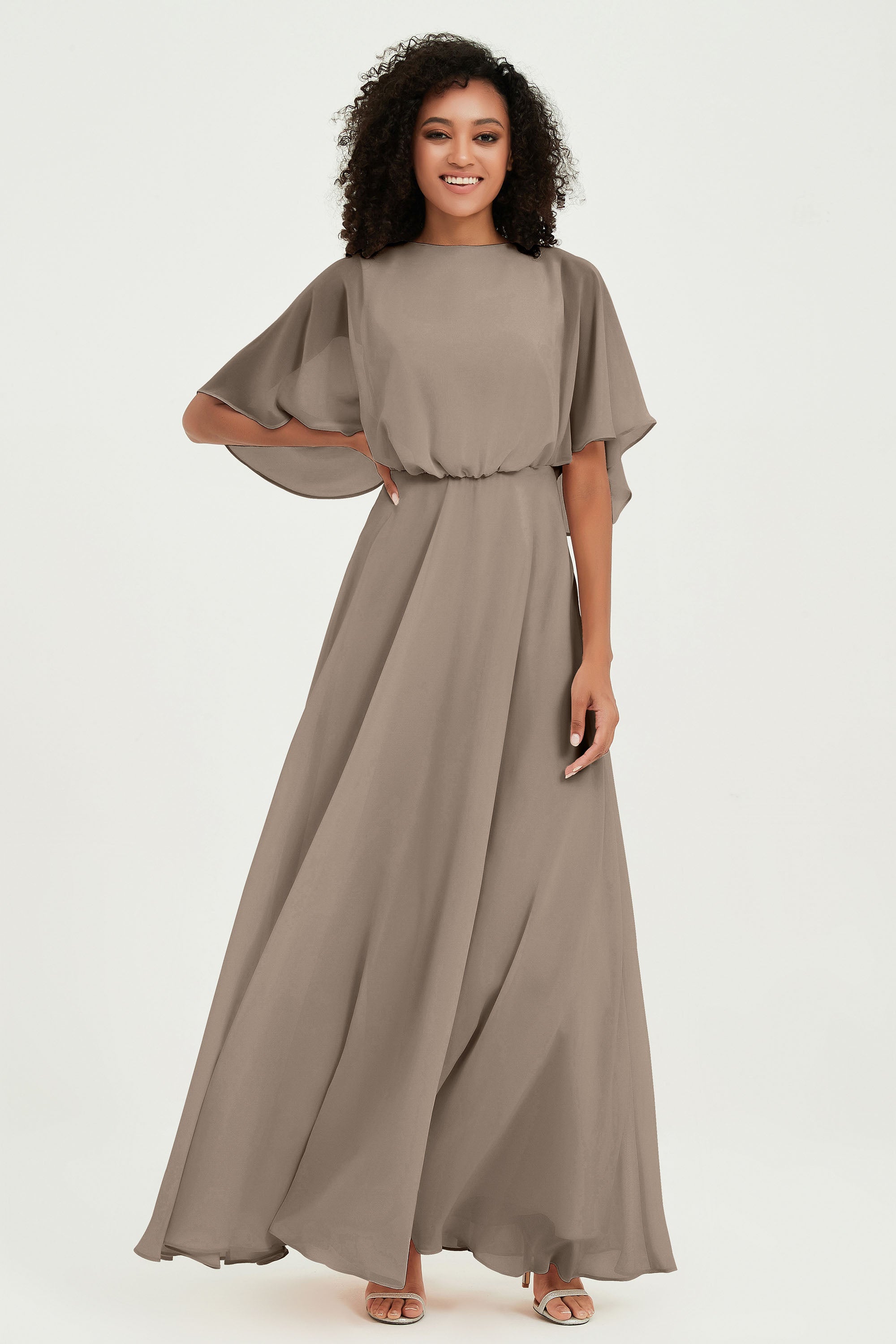 Flutter Sleeves Jewel Chiffon Bridesmaid Dress Floor Length Formal Evening Dresses Gowns