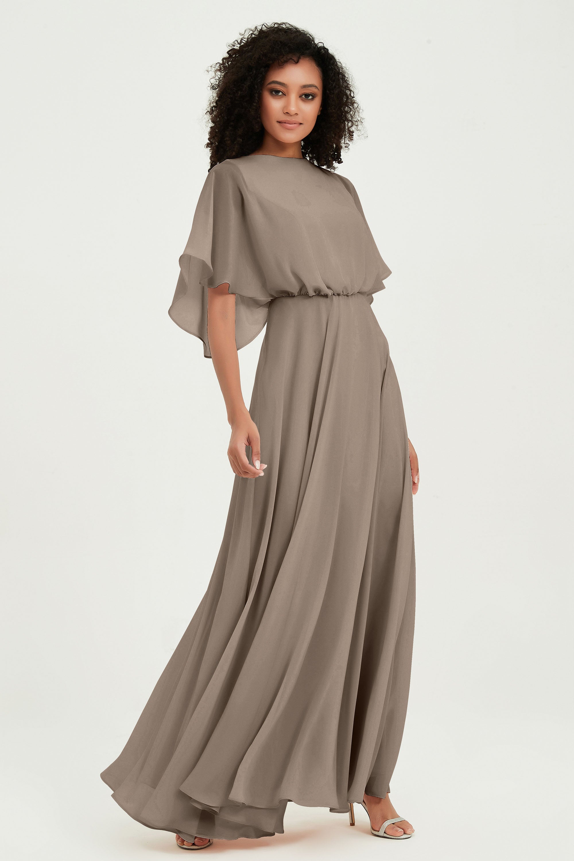 Flutter Sleeves Jewel Chiffon Bridesmaid Dress Floor Length Formal Evening Dresses Gowns