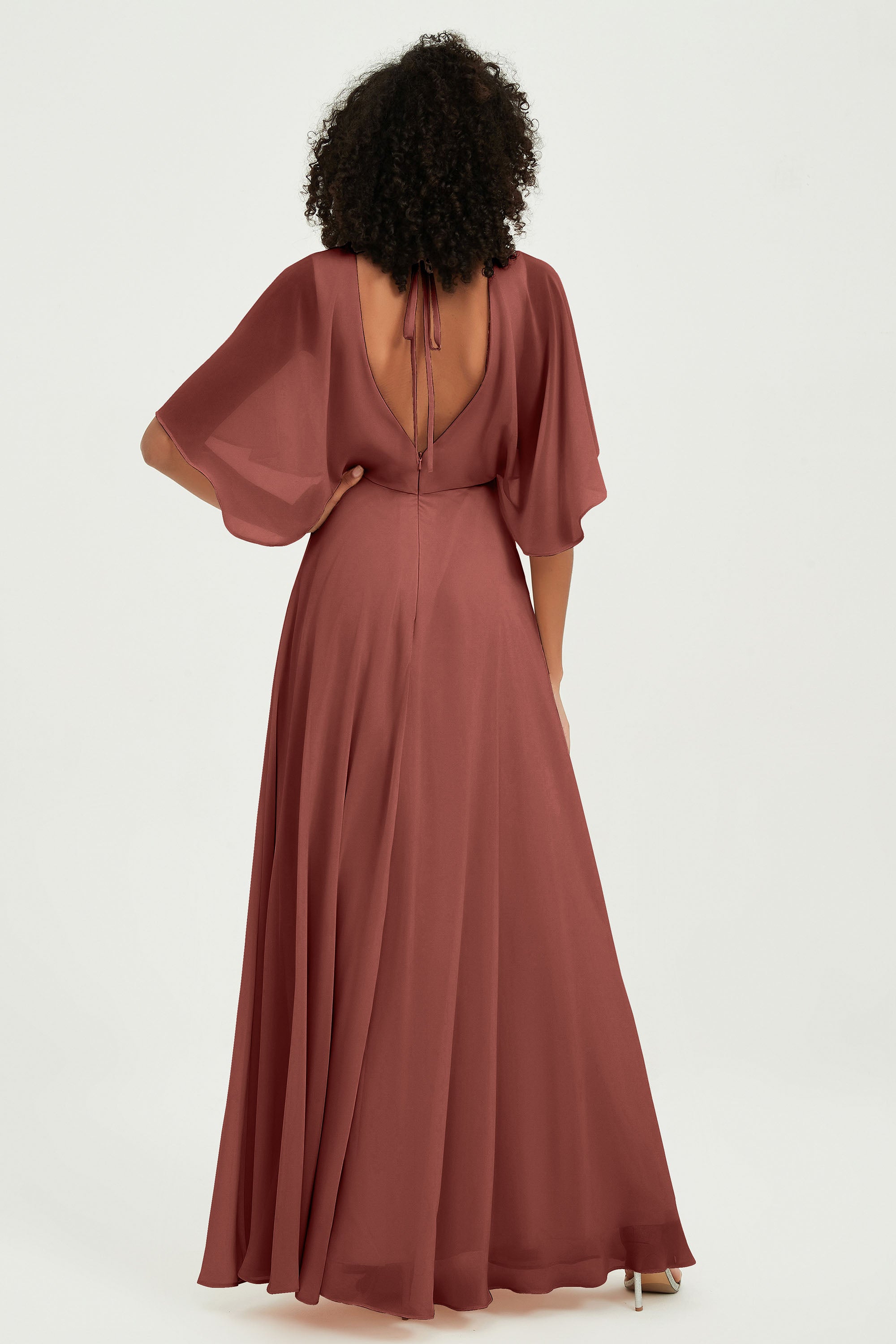 Flutter Sleeves Jewel Chiffon Bridesmaid Dress Floor Length Formal Evening Dresses Gowns