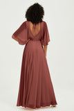Flutter Sleeves Jewel Chiffon Bridesmaid Dress Floor Length Formal Evening Dresses Gowns