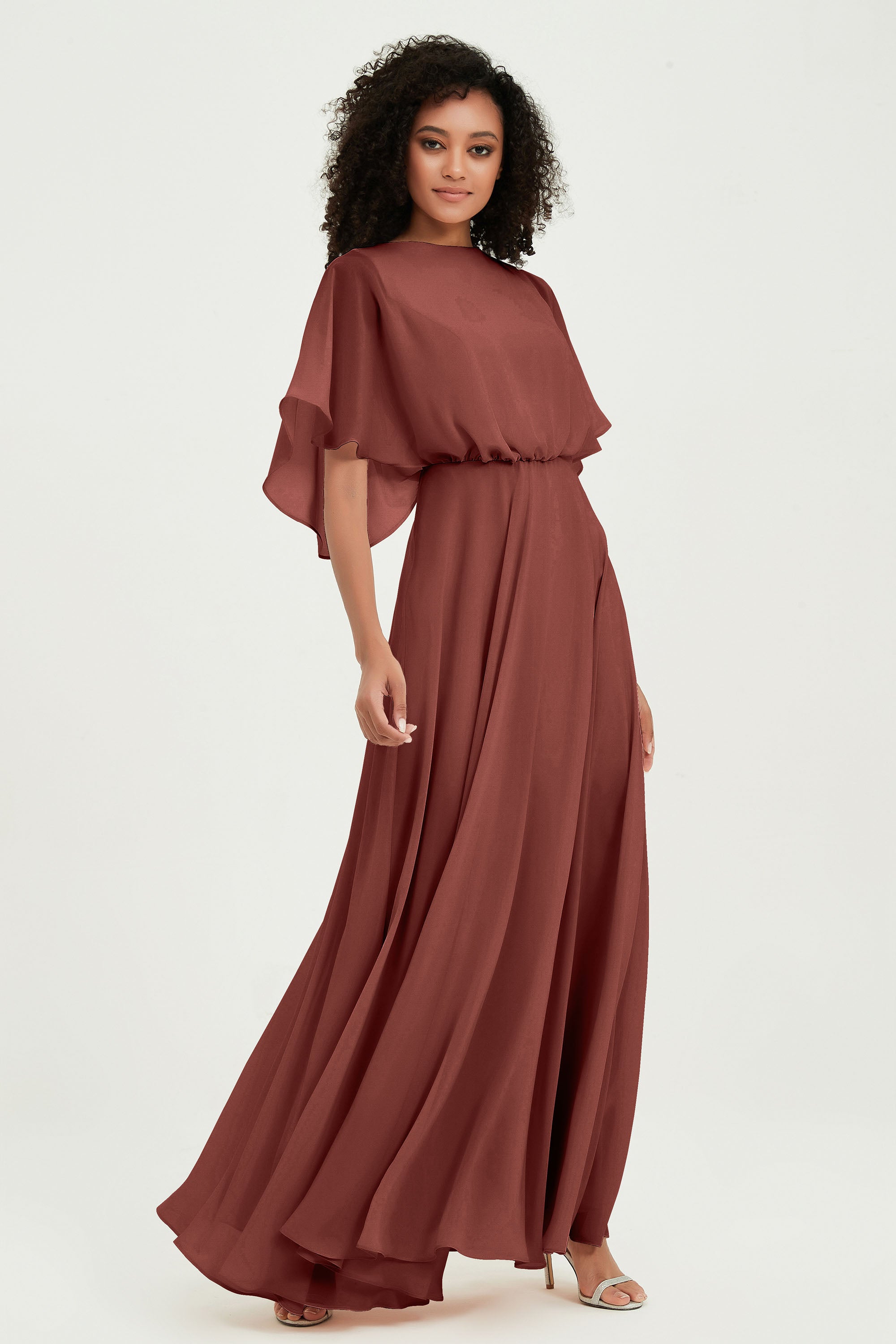Flutter Sleeves Jewel Chiffon Bridesmaid Dress Floor Length Formal Evening Dresses Gowns