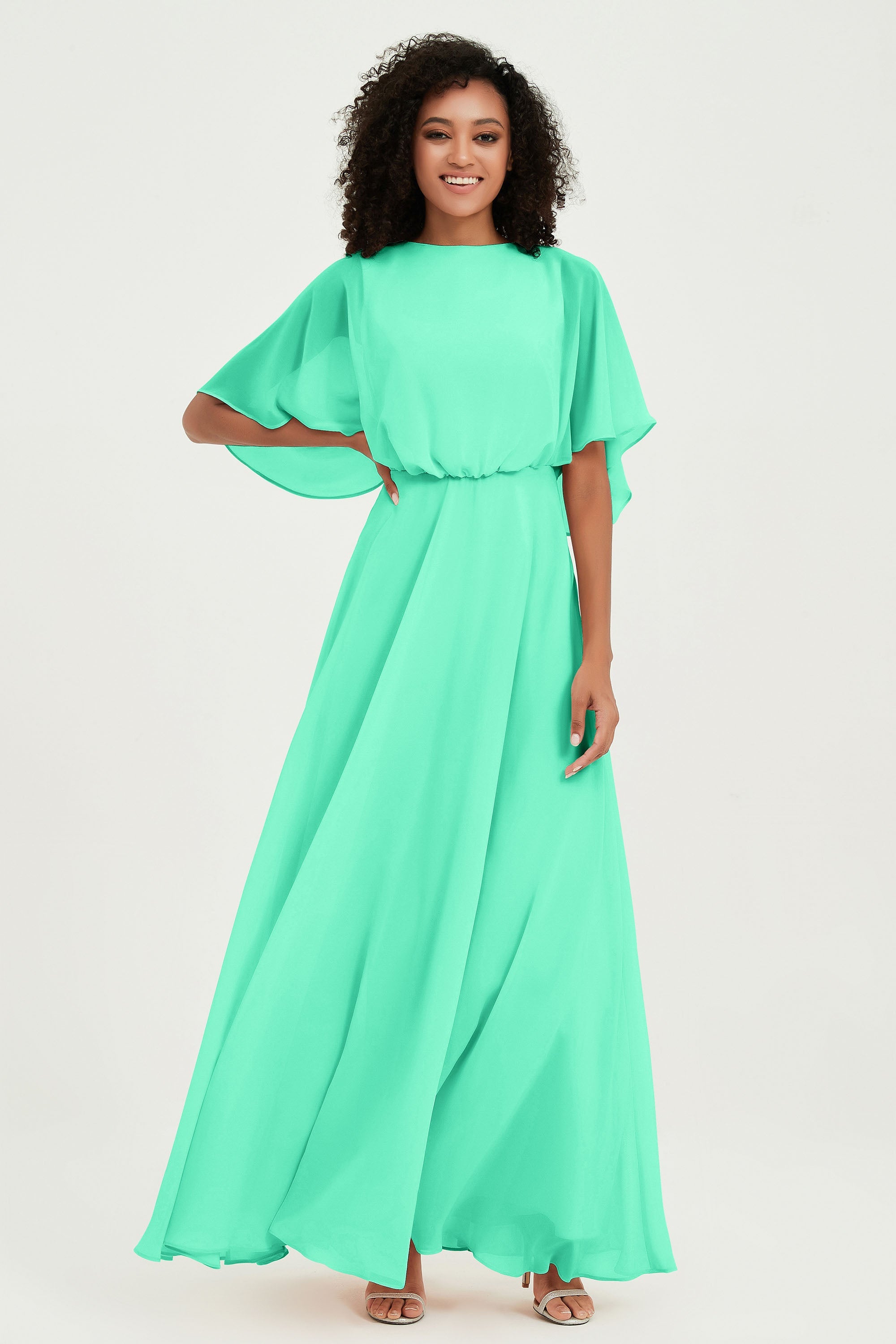 Flutter Sleeves Jewel Chiffon Bridesmaid Dress Floor Length Formal Evening Dresses Gowns