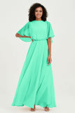 Flutter Sleeves Jewel Chiffon Bridesmaid Dress Floor Length Formal Evening Dresses Gowns