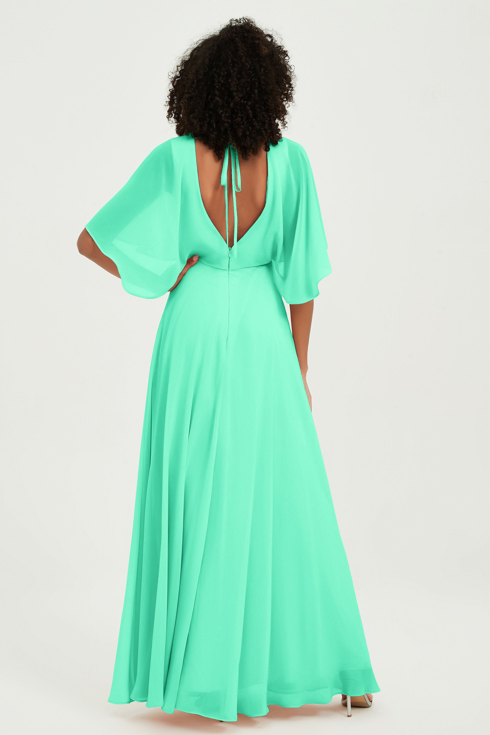 Flutter Sleeves Jewel Chiffon Bridesmaid Dress Floor Length Formal Evening Dresses Gowns