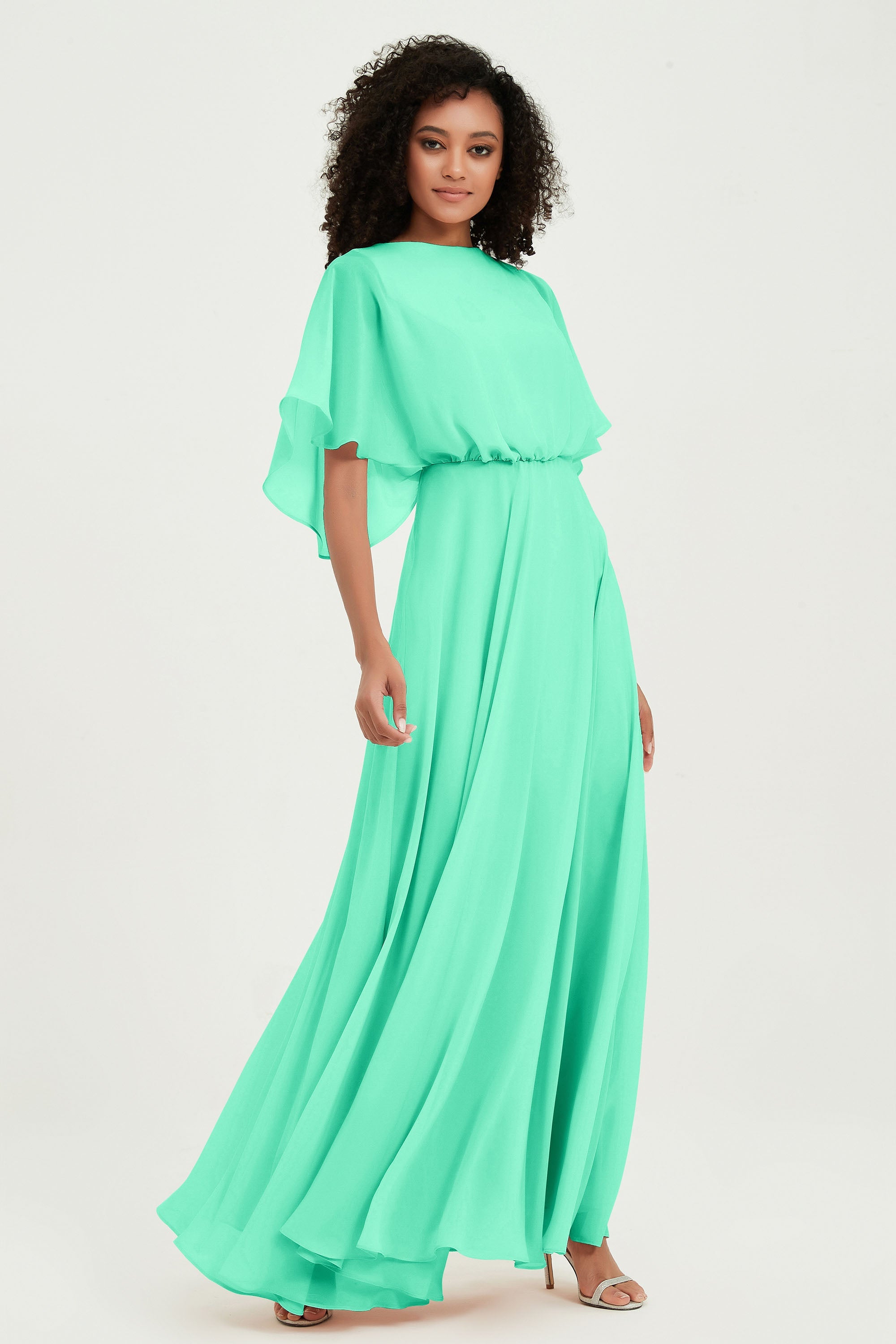 Flutter Sleeves Jewel Chiffon Bridesmaid Dress Floor Length Formal Evening Dresses Gowns
