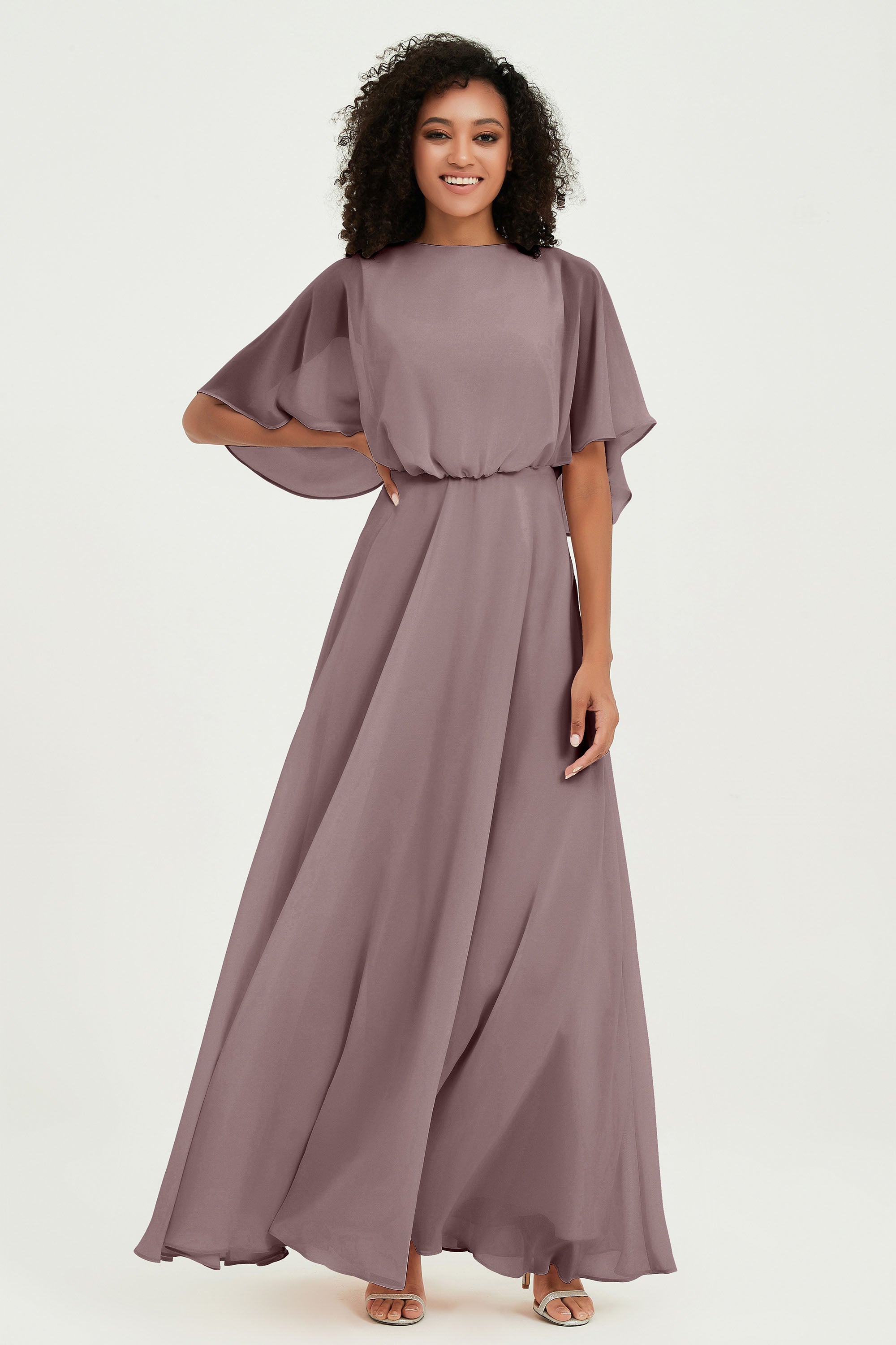 Flutter Sleeves Jewel Chiffon Bridesmaid Dress Floor Length Formal Evening Dresses Gowns