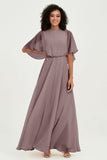 Flutter Sleeves Jewel Chiffon Bridesmaid Dress Floor Length Formal Evening Dresses Gowns
