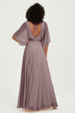 Flutter Sleeves Jewel Chiffon Bridesmaid Dress Floor Length Formal Evening Dresses Gowns