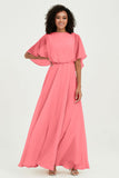 Flutter Sleeves Jewel Chiffon Bridesmaid Dress Floor Length Formal Evening Dresses Gowns