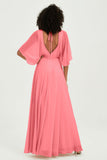 Flutter Sleeves Jewel Chiffon Bridesmaid Dress Floor Length Formal Evening Dresses Gowns