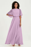 Flutter Sleeves Jewel Chiffon Bridesmaid Dress Floor Length Formal Evening Dresses Gowns