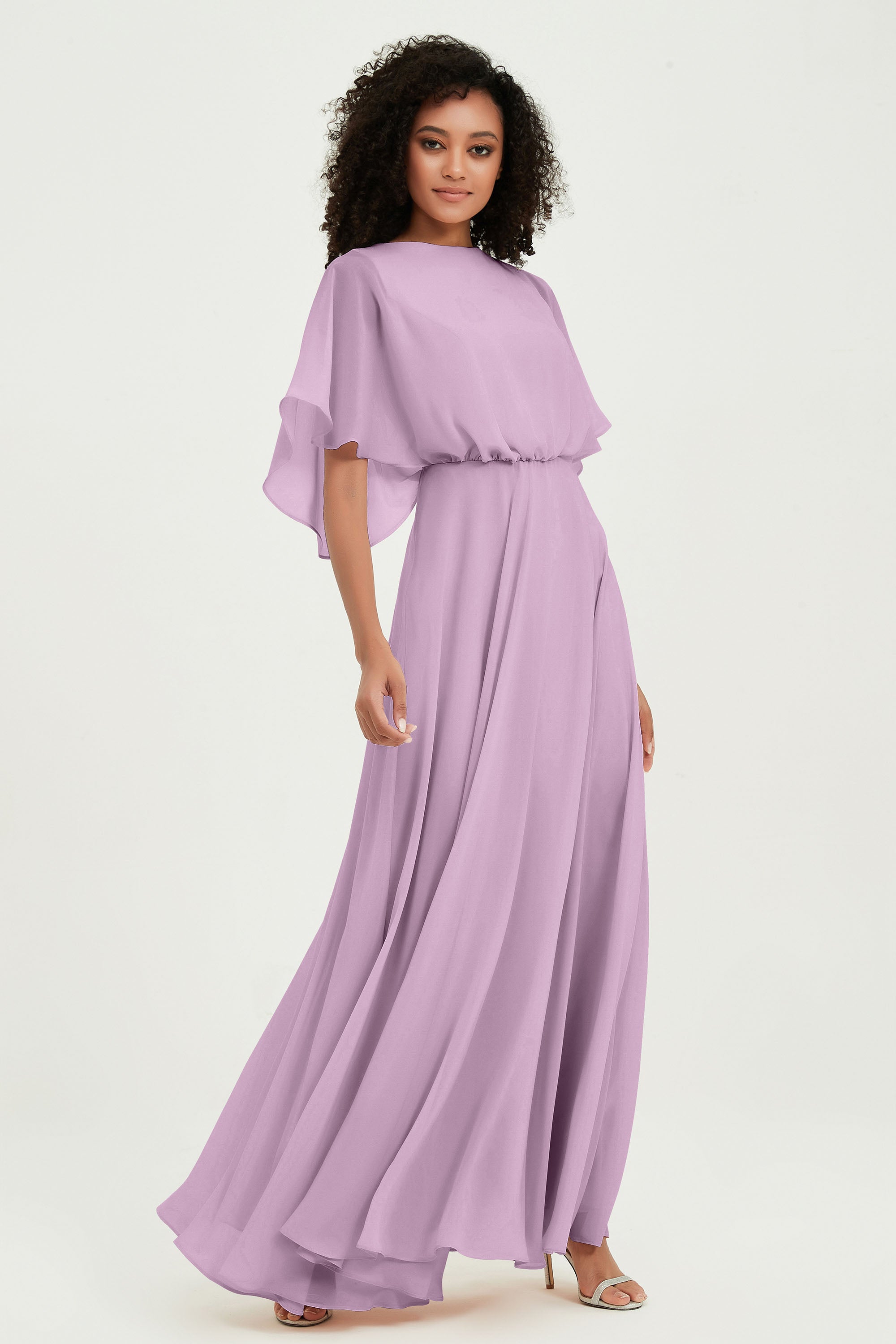 Flutter Sleeves Jewel Chiffon Bridesmaid Dress Floor Length Formal Evening Dresses Gowns