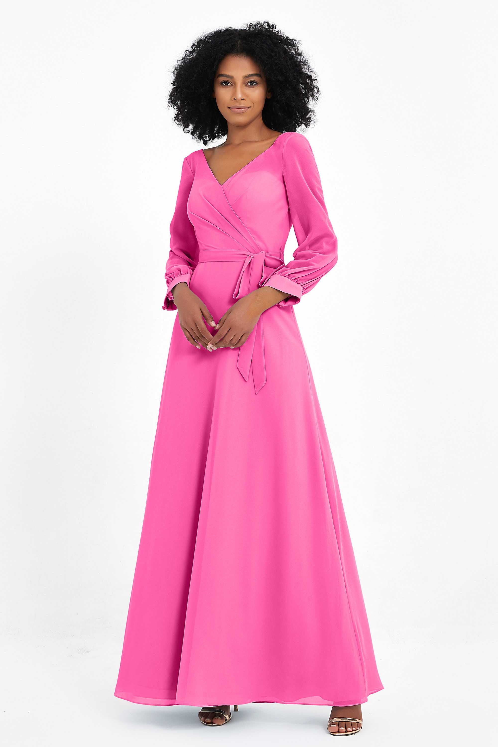 Elegance V Neck Junior Bridesmaid Dress Chiffon Long Sleeves Pleated Sashes Formal Evening Dresses