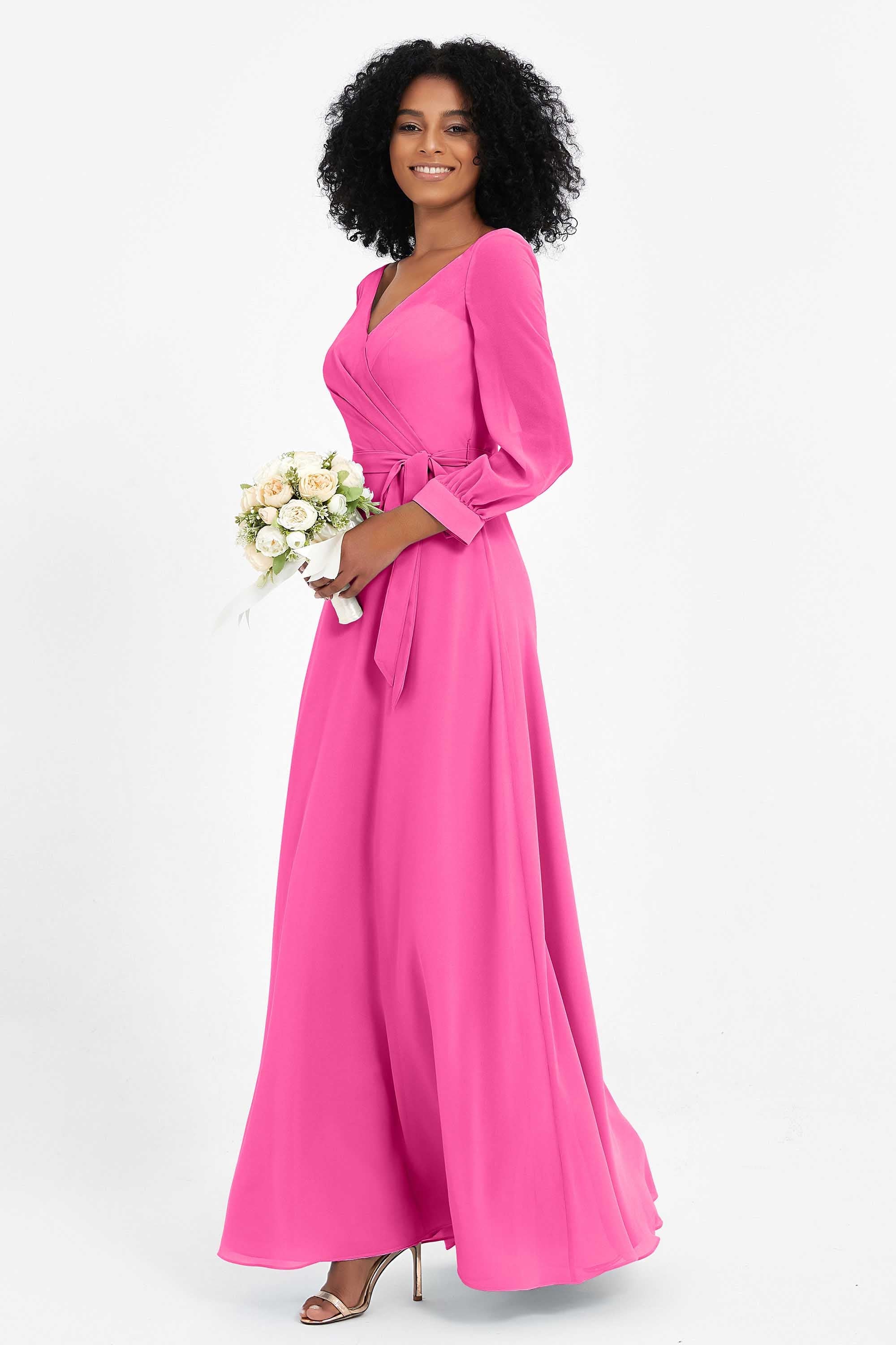 Elegance V Neck Junior Bridesmaid Dress Chiffon Long Sleeves Pleated Sashes Formal Evening Dresses