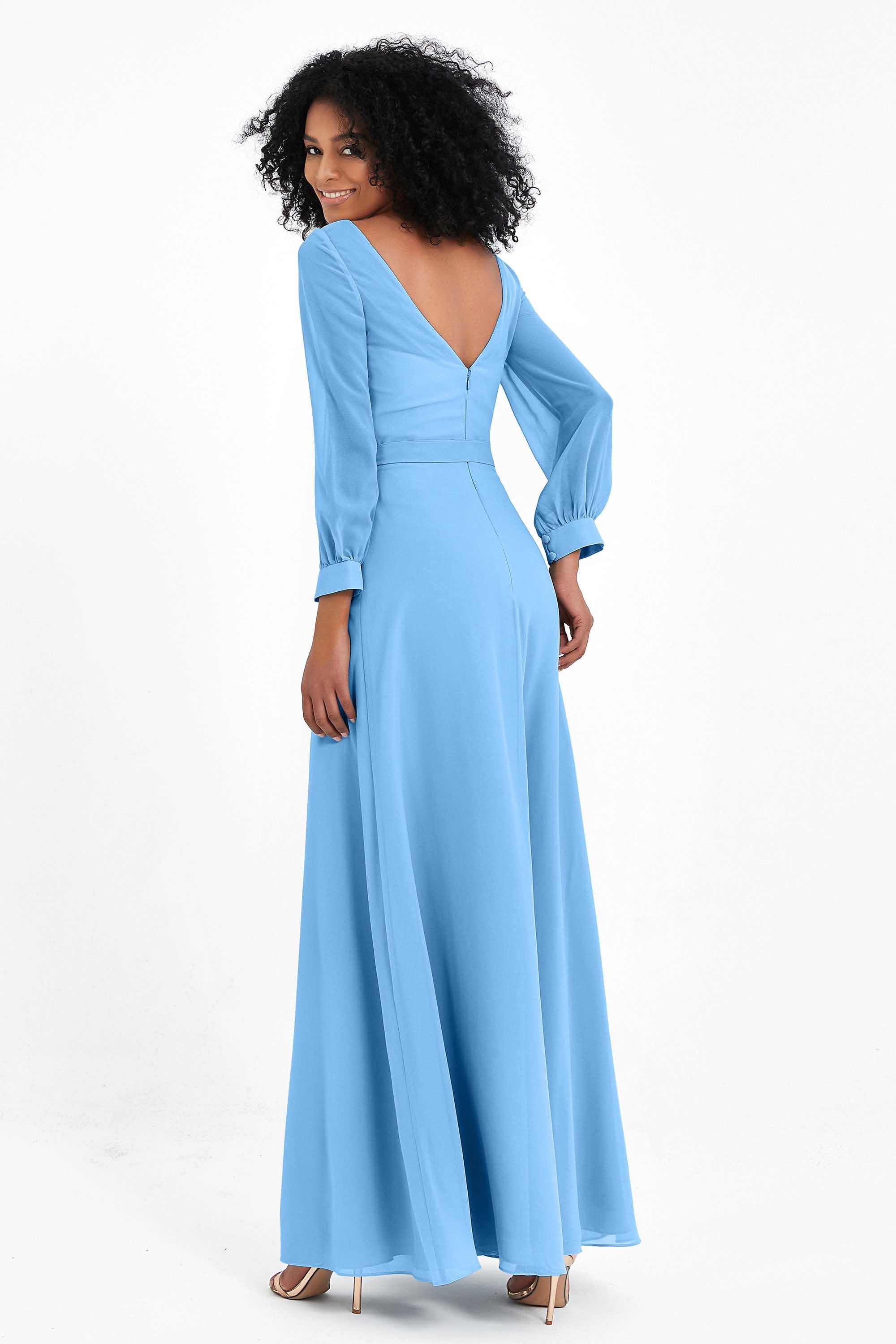 Elegance V Neck Junior Bridesmaid Dress Chiffon Long Sleeves Pleated Sashes Formal Evening Dresses