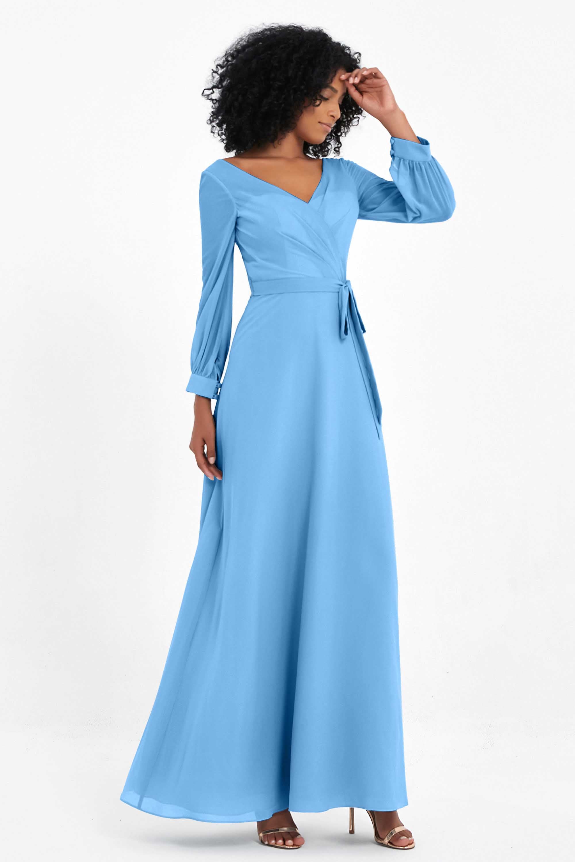 Elegance V Neck Junior Bridesmaid Dress Chiffon Long Sleeves Pleated Sashes Formal Evening Dresses