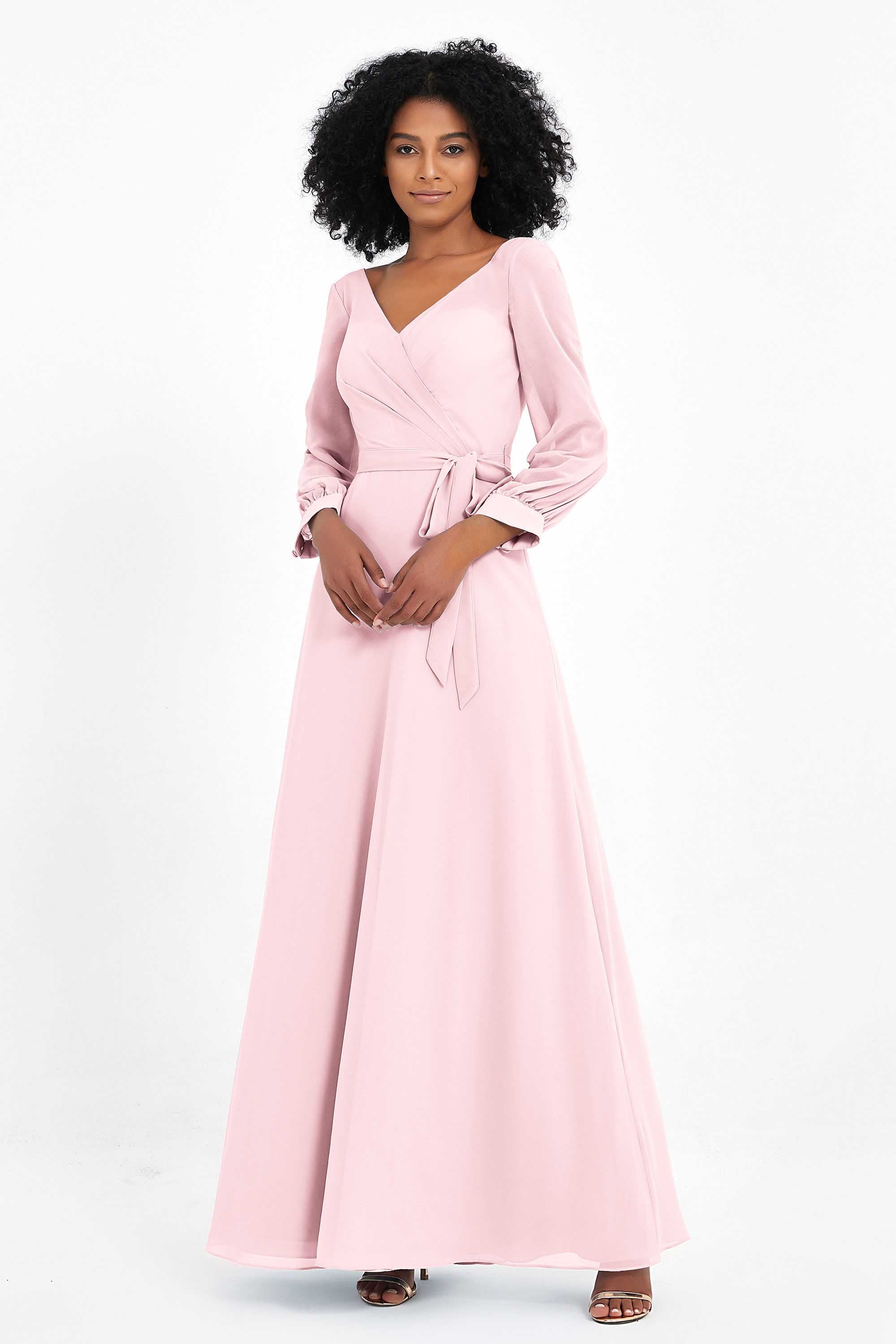 Elegance V Neck Junior Bridesmaid Dress Chiffon Long Sleeves Pleated Sashes Formal Evening Dresses