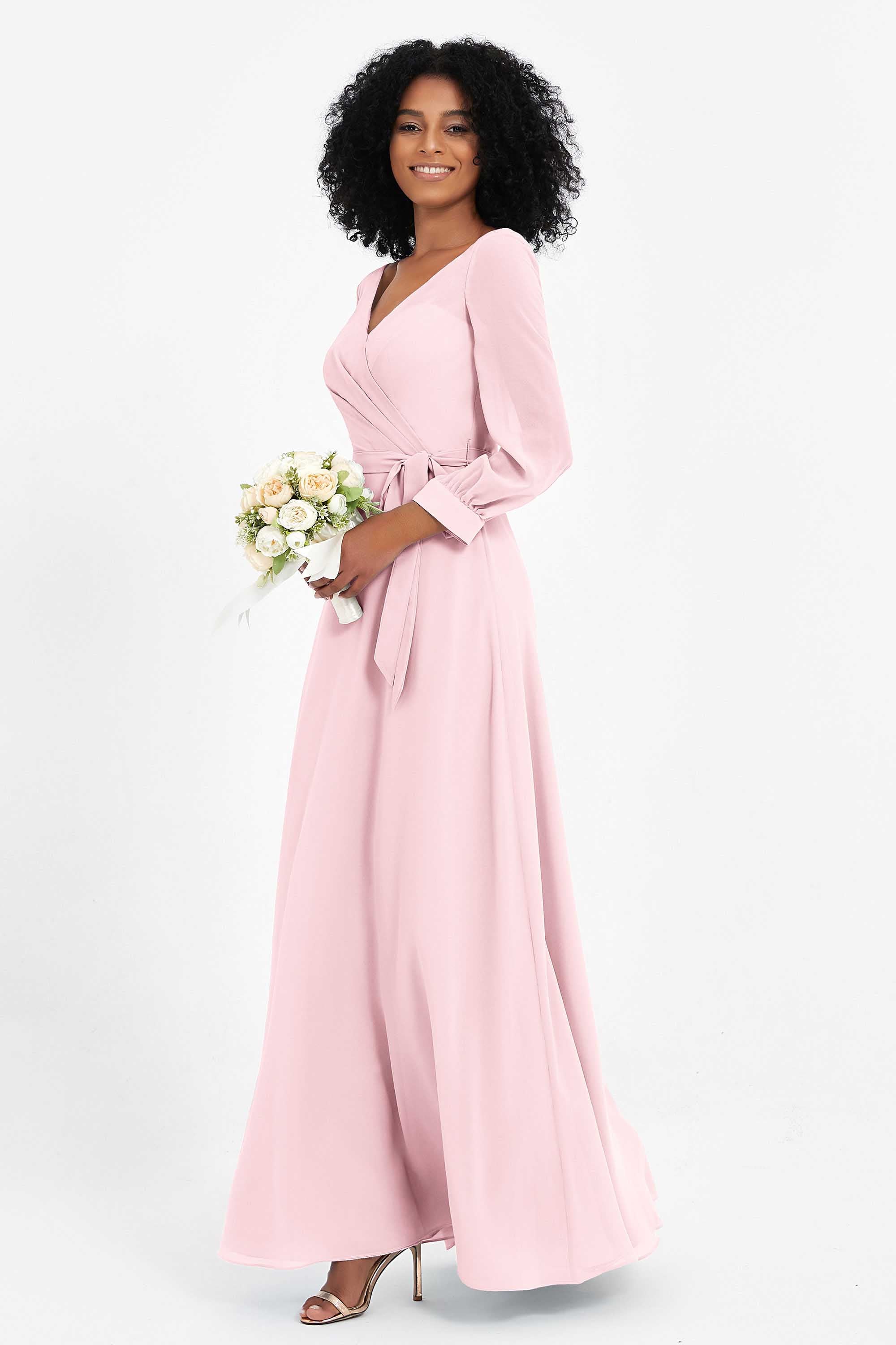 Elegance V Neck Junior Bridesmaid Dress Chiffon Long Sleeves Pleated Sashes Formal Evening Dresses