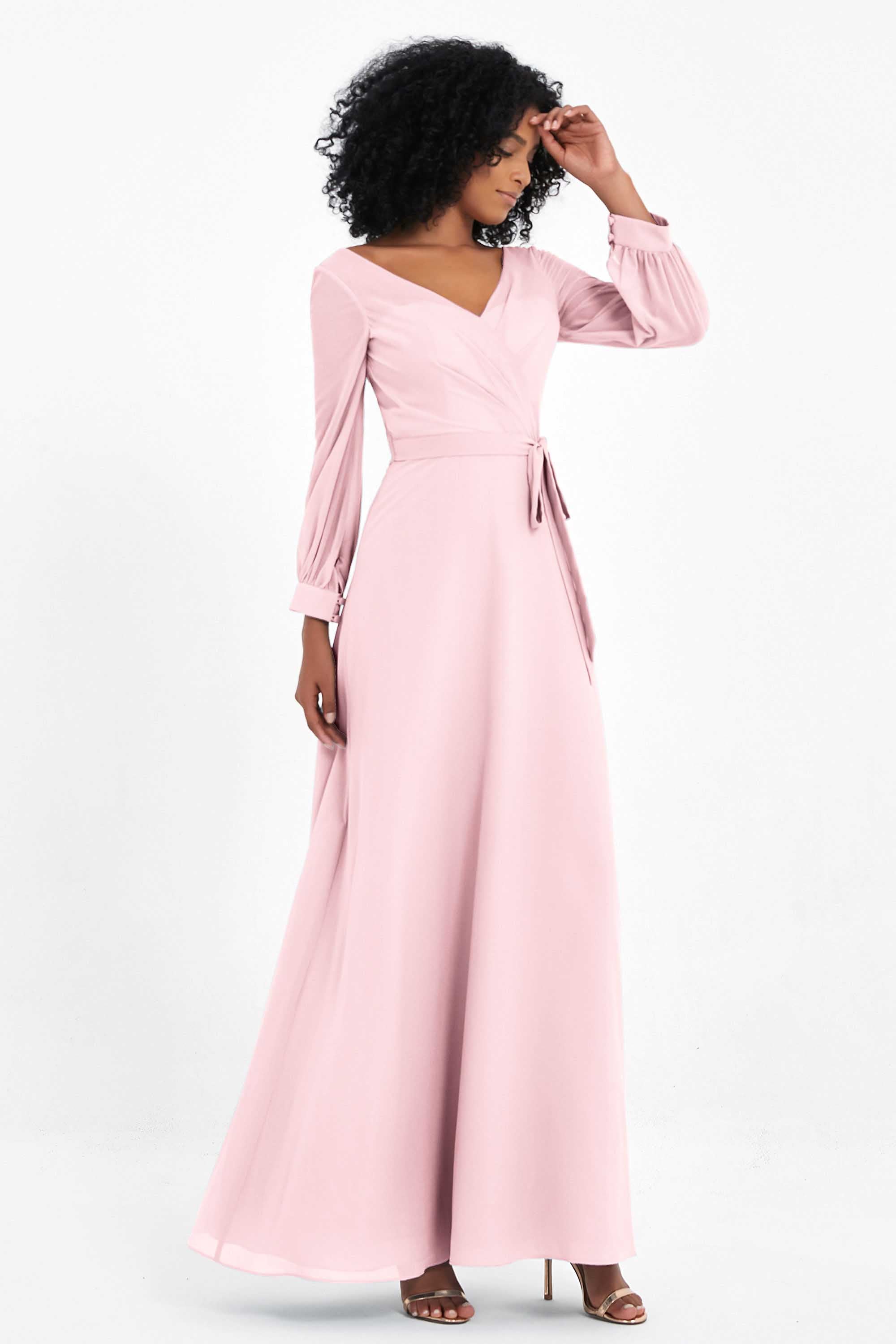 Elegance V Neck Junior Bridesmaid Dress Chiffon Long Sleeves Pleated Sashes Formal Evening Dresses